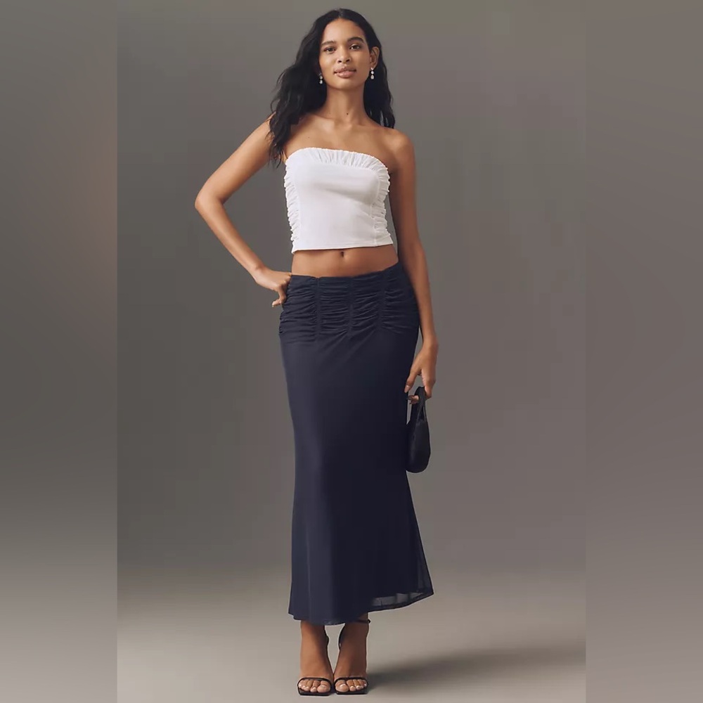 Anthropologie Maeve Dark Navy Blue Ruched Yoke Column Maxi Skirt - Picture 1 of 6